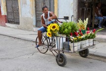 a man selling flowers on the side of a street 