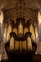 Church organ inside Norwich Cathedral, large pipe organ, beautiful religious architecture