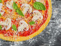 Italian pizza with melted mozzarella and tomato garnish with fresh basil on a thick crust. Food ingredients and spices for cooking mushrooms, cheese, onion, oil, pepper. Top view. Banner