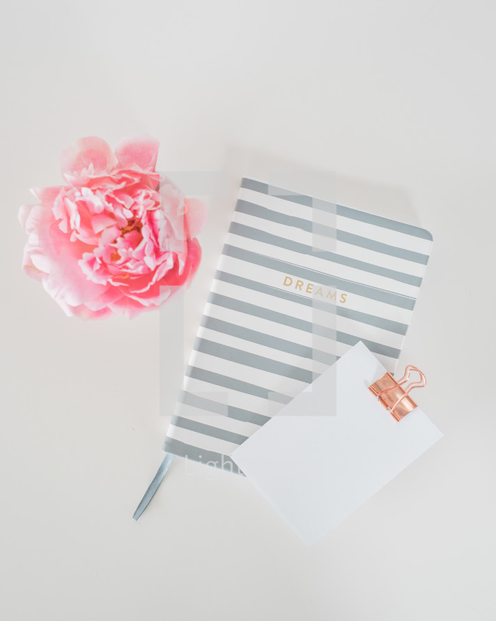 journal, notepad, and pink peony 