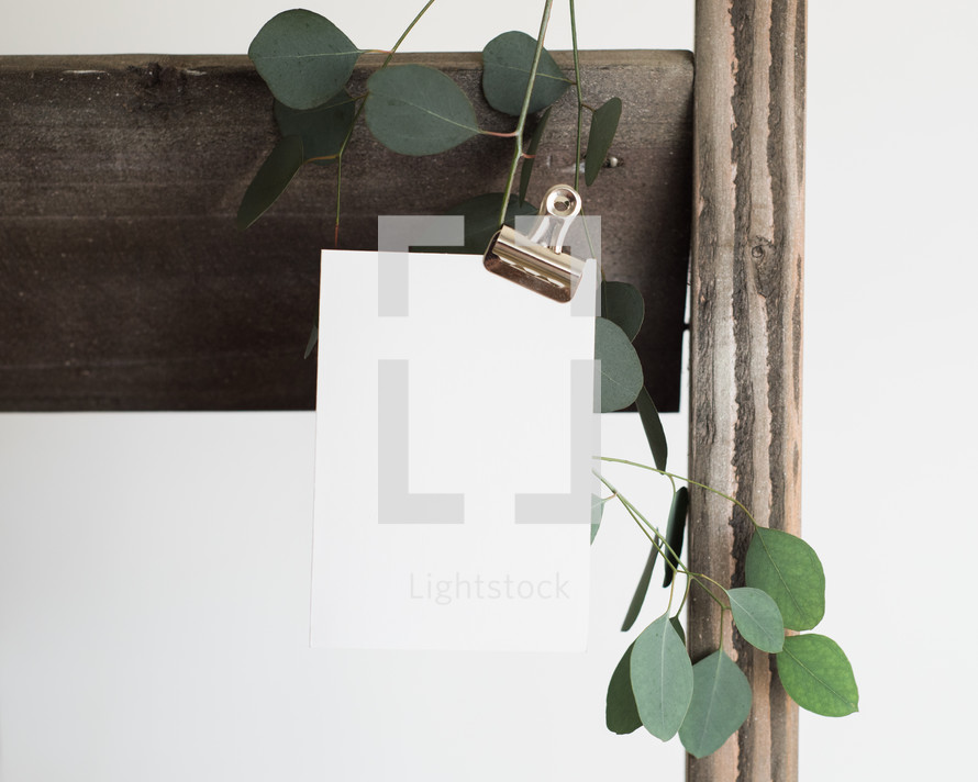 fence, clip, envelope and a twig with green leaves on white background