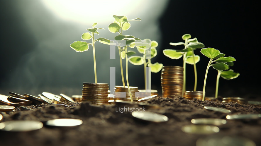 Green plants growing from money. 
