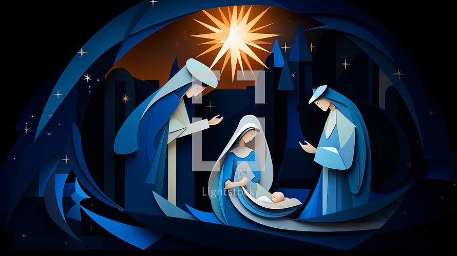 Mary and Joseph and baby Jesus with a wiseman. 