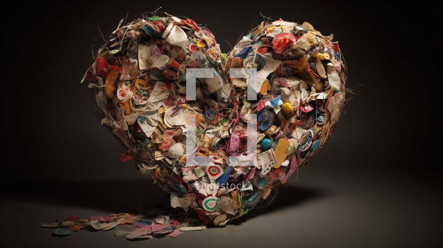 Heart shape made from old fabric trash and buttons. 