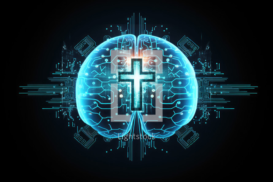 Christian Artificial Intelligence. Human brain with cross and digital circuit on dark background
