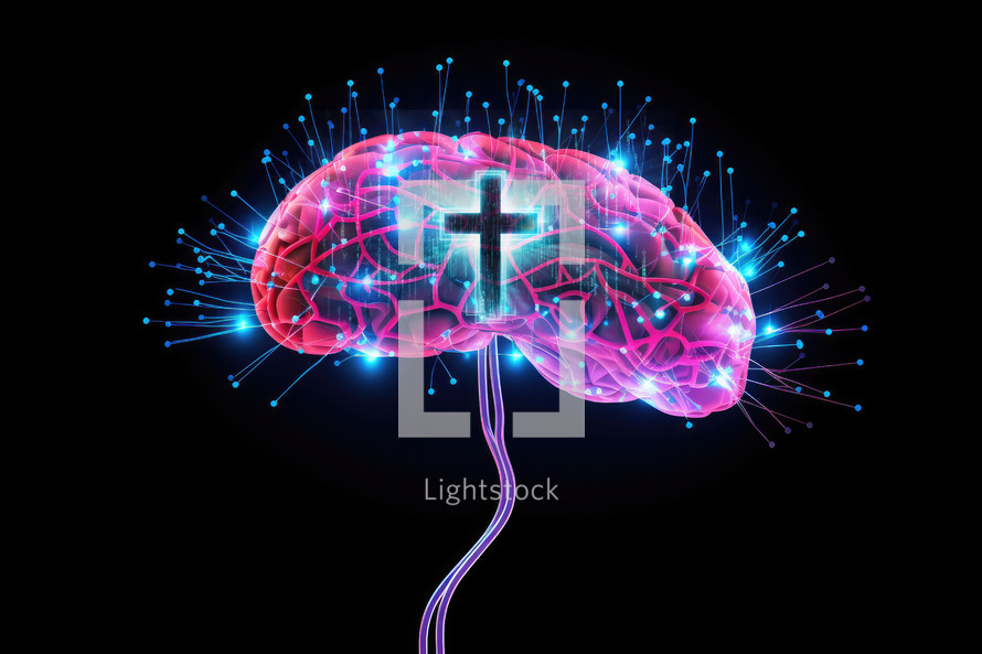 Christian Artificial Intelligence. Human brain with a cross.