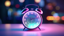 Colorful neon alarm clock with bokeh. 