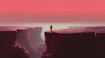 Surreal image of man looking off a cliff. 
