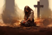 Young woman praying with a cross in the background
