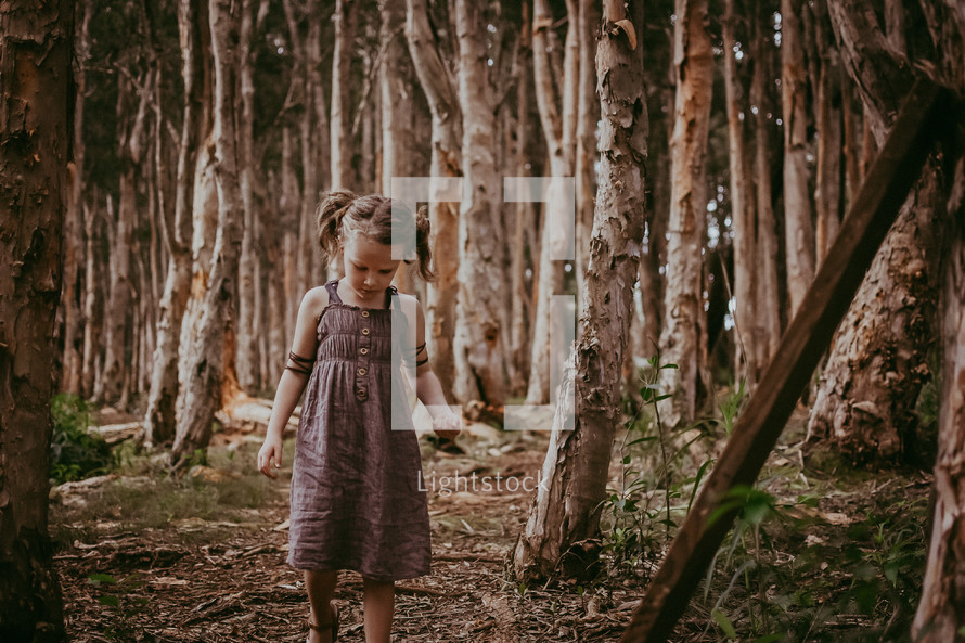 a child in a dress walking in a forest 