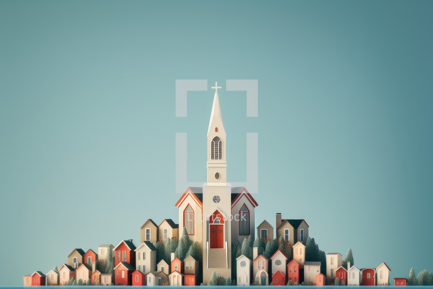 Town with Church and houses. 3D illustration.