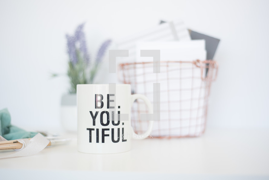 Be. You, Tiful, , wire basket, lavender, potted plant, house plant, letters, paper, journals, fabric, votive, candle, ribbon, around, paint brushes, art, crafting 