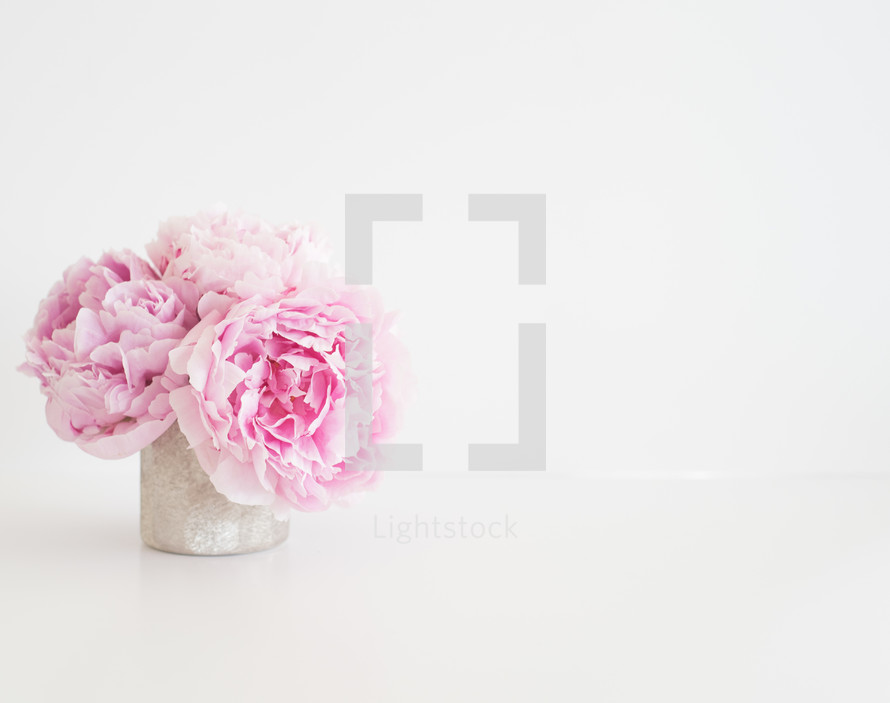 A vase of pink peonies on a white background.