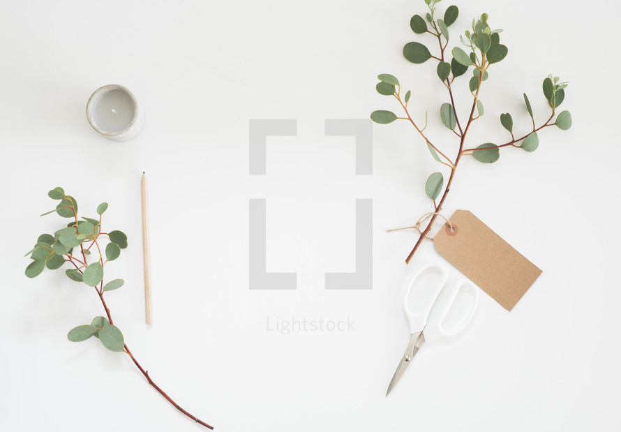 eucalyptus twig, votive candle, white background, gift tag, pencil, scissors 