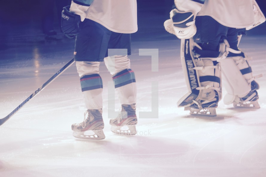 hockey players standing in the spotlight on the ice 