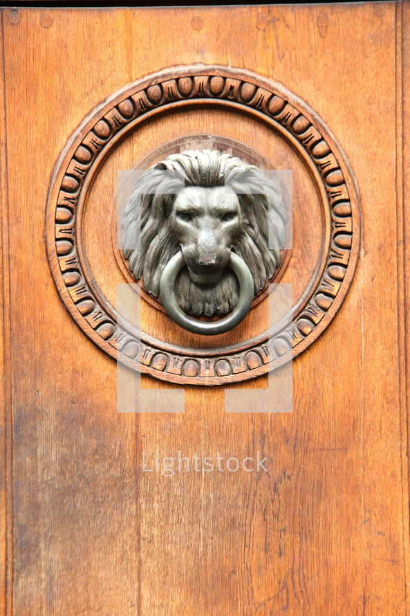 A lion's head door knocker.