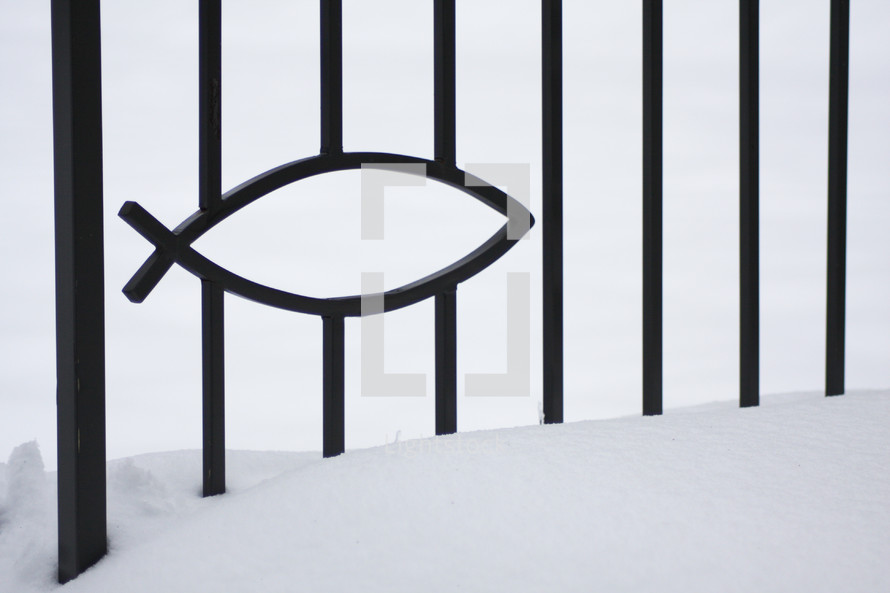 Jesus fish fence in snow 