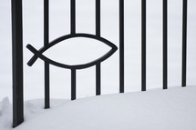 Jesus fish fence in snow 