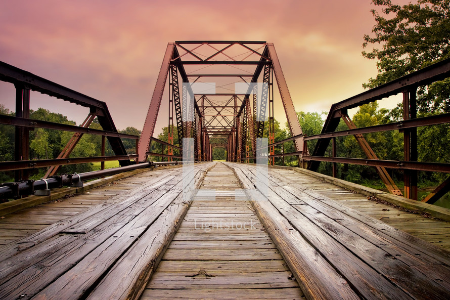 old rusty steel and wooden bridge 