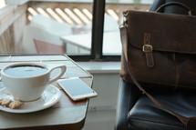 laptop and coffee cup and leather computer bag