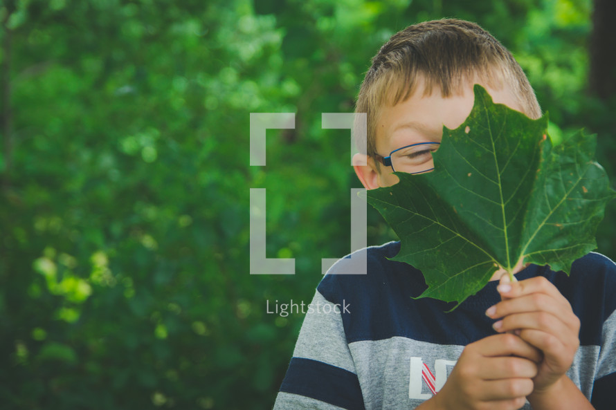boy hiding behind a green leaf 