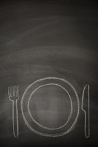 chalk image of a plate, knife, and fork