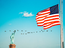 geese in a V, statue of Liberty and American flags 