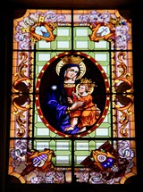 stained glass window of Mary and baby Jesus 