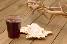 crown of thorns, communion bread and wine cup 