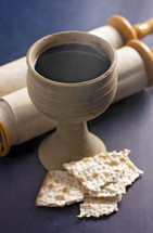 scroll, chalice of wine and unleavened bread
