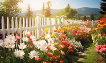A Beautiful Spring Flower Garden Next to a Picket Fence  