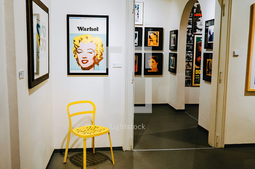 Andy Warhol exhibition in Central Gallery. Famous colorful Marilyn Monroe installation. Legend artist, painting, collection. High quality photo