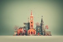 Vintage style illustration of church with autumn trees on background.