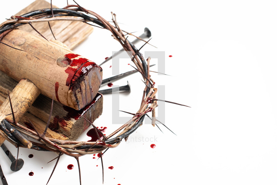 Bloody nails, crown of thorns with drops of blood over white background. Good Friday, Passion of Jesus Christ. Christian Easter holiday. Crucifixion, resurrection of Jesus Christ. 