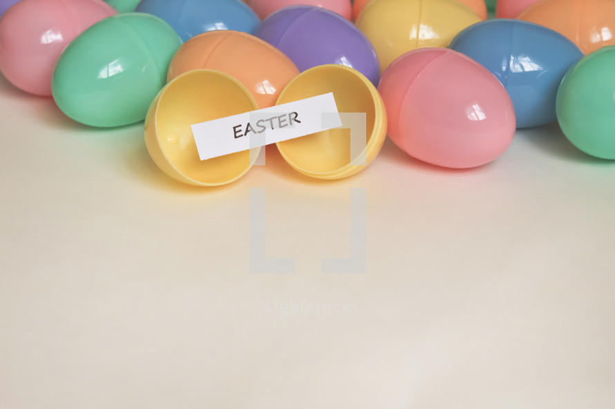 Easter label and plastic Easter eggs 
