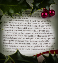close-up Christmas, wise men scripture with holly and berries. Matthew 2:9-12