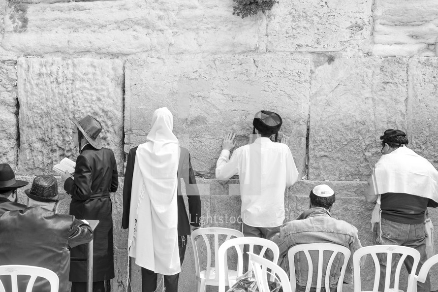 Orthodox Jews praying at the Western Wall in Jerusalem during the Purim Holiday.