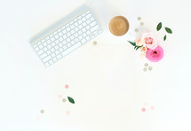 keyboard, leaves, flowers, sparkles, dots, coffee, mug, workspace, desk, home office