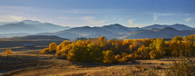 golden fall foliage on a rural valley landscape with mountain scenery 