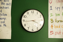 school clock on a green wall. 