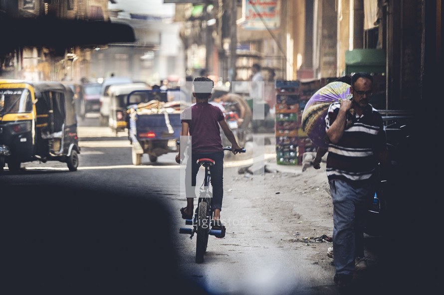 view of crowded rugged streets in a city in Egypt 