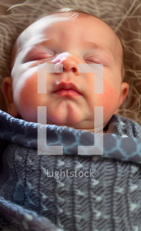 sleeping newborn infant wrapped in blanket with beige tan background, with AI input