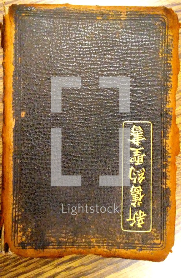 cover of an old Japanese Bible found in a church library showing the bible in different languages to reach the lost in every language. 