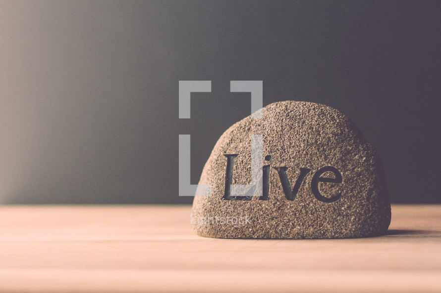 a rock with the word live 