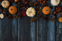 Pumpkins,  pine cones, and berries on wood