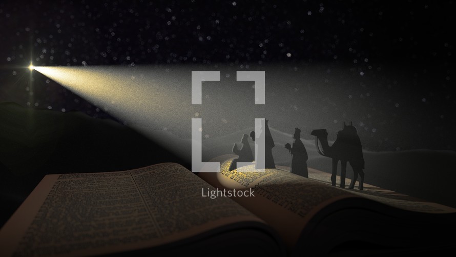 open Bible with wiremen under starlight 