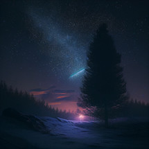 Tree in the winter, night sky