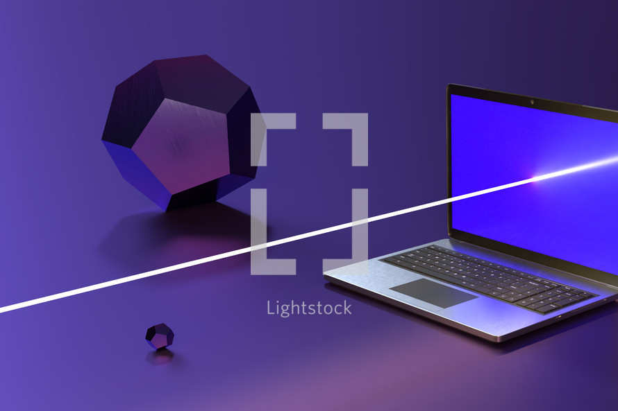 Computer with laser through it and purple prisms
