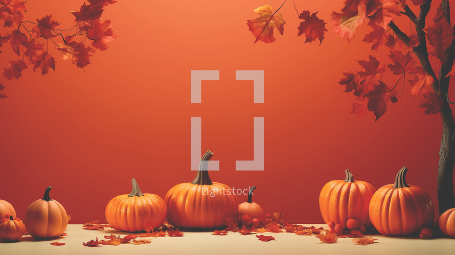 Fall background scene with pumpkins and leaves