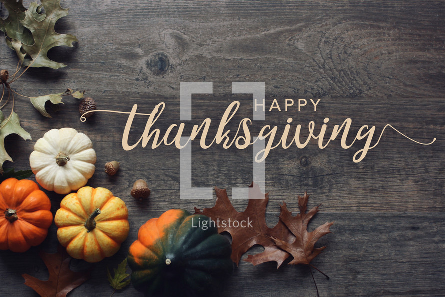 Happy Thanksgiving Typography with Fall Pumpkins, Leaves and Acorn Squash Over Dark Wood Background